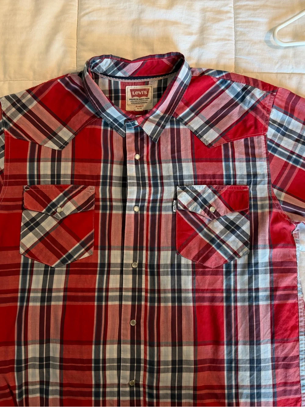 Levi's Red and White Plaid Short-Sleeve Button-Down Shirt, Pearl snap